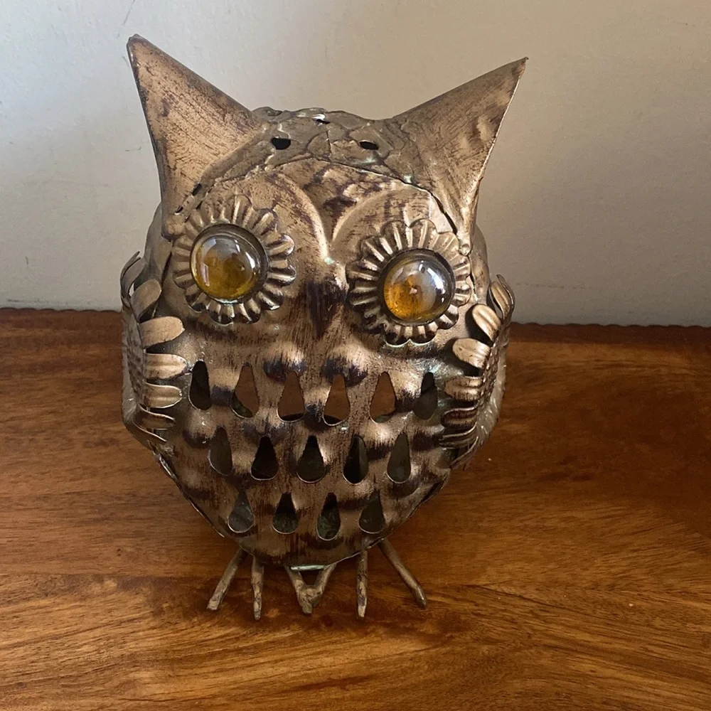 Vintage Pier 1 Rustic Gold Bronze Owl Tealight Candle Holder 7”